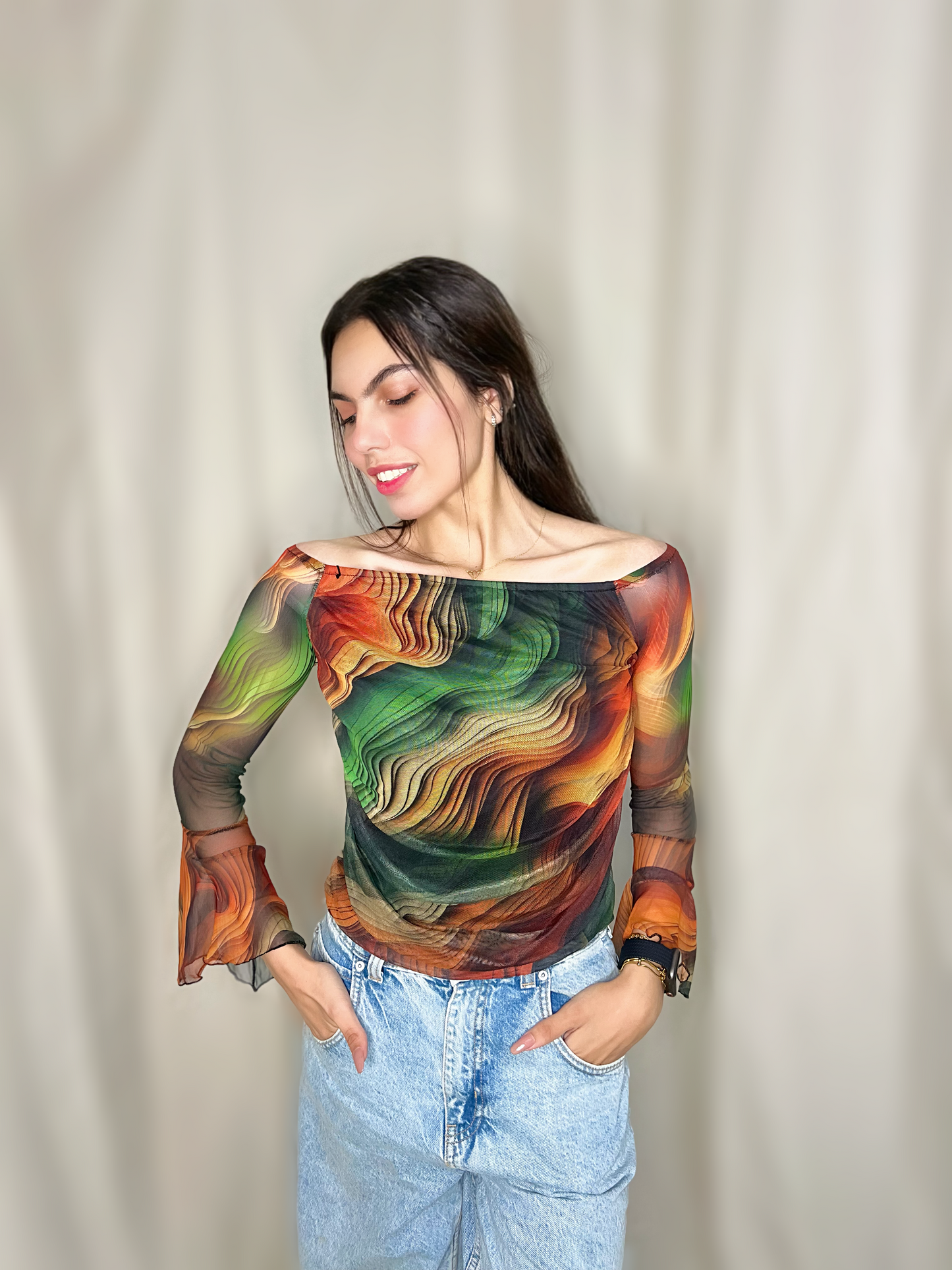 Elegant Mesh Long Sleeves Top.