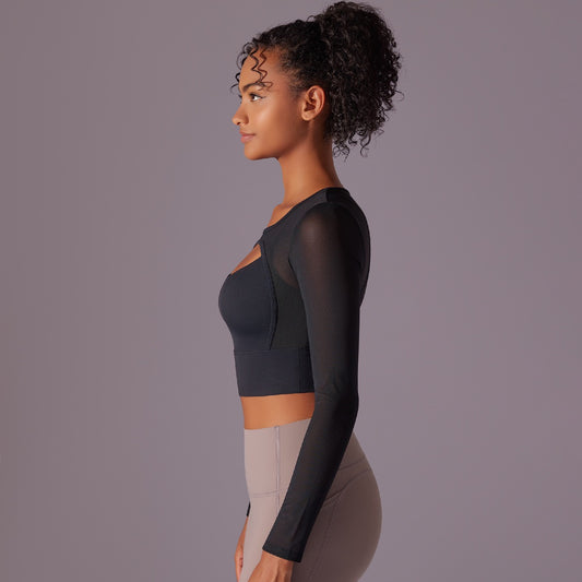 Black Asymmetrical Contrast Mesh Cut Out Crop Top