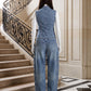 Asymmetric Button Denim Set