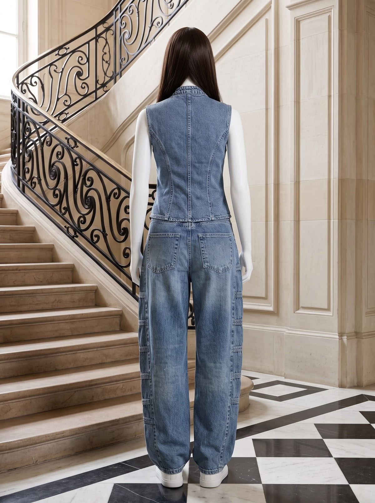 Asymmetric Button Denim Set