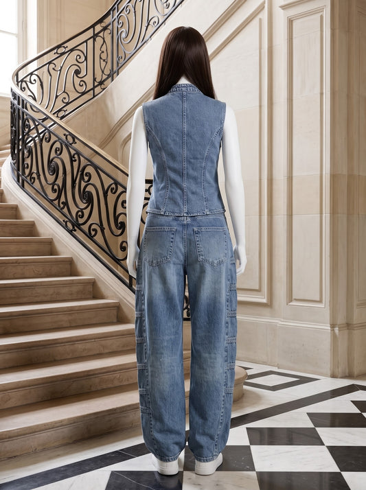 Asymmetric Button Denim Set
