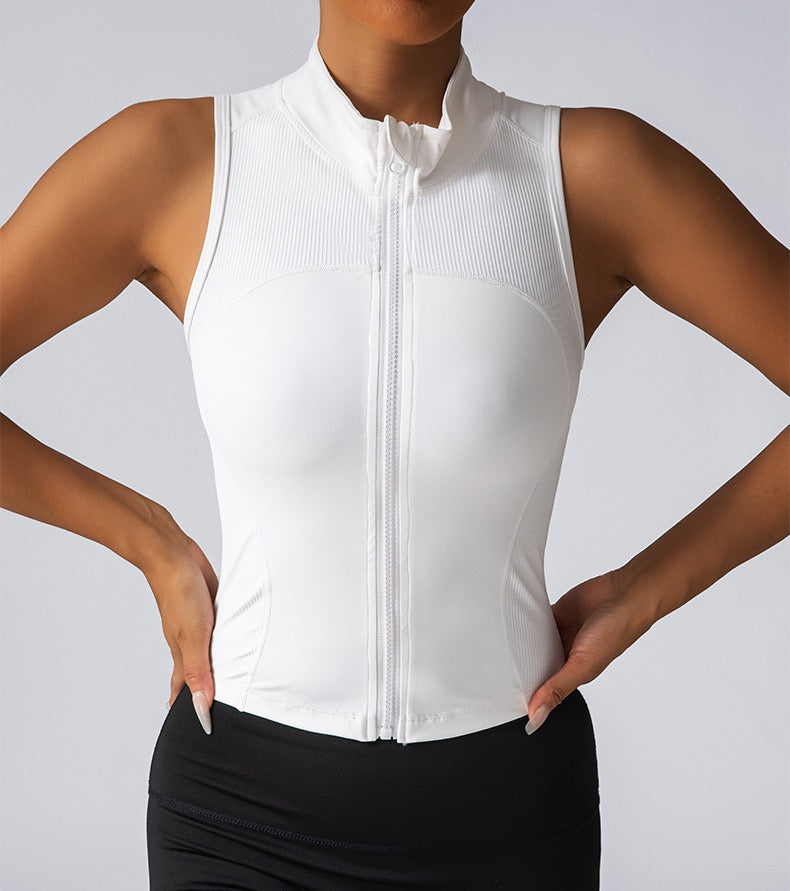 White Solid Zip Up Fitted Sport Tank Top