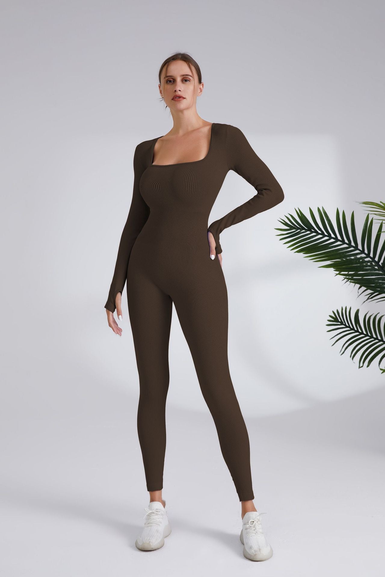 Seamless Knit Long Sleeve Jumpsuit, Tight Fit Stretchy