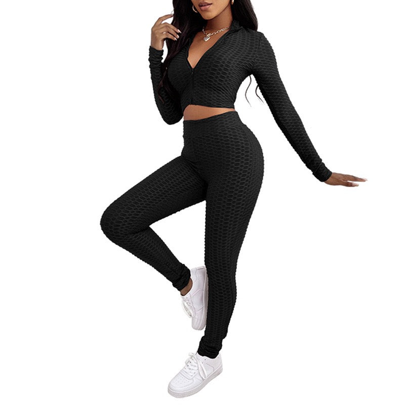 Casual Solid Color Two-Piece Pineapple-Texture Sportswear Set