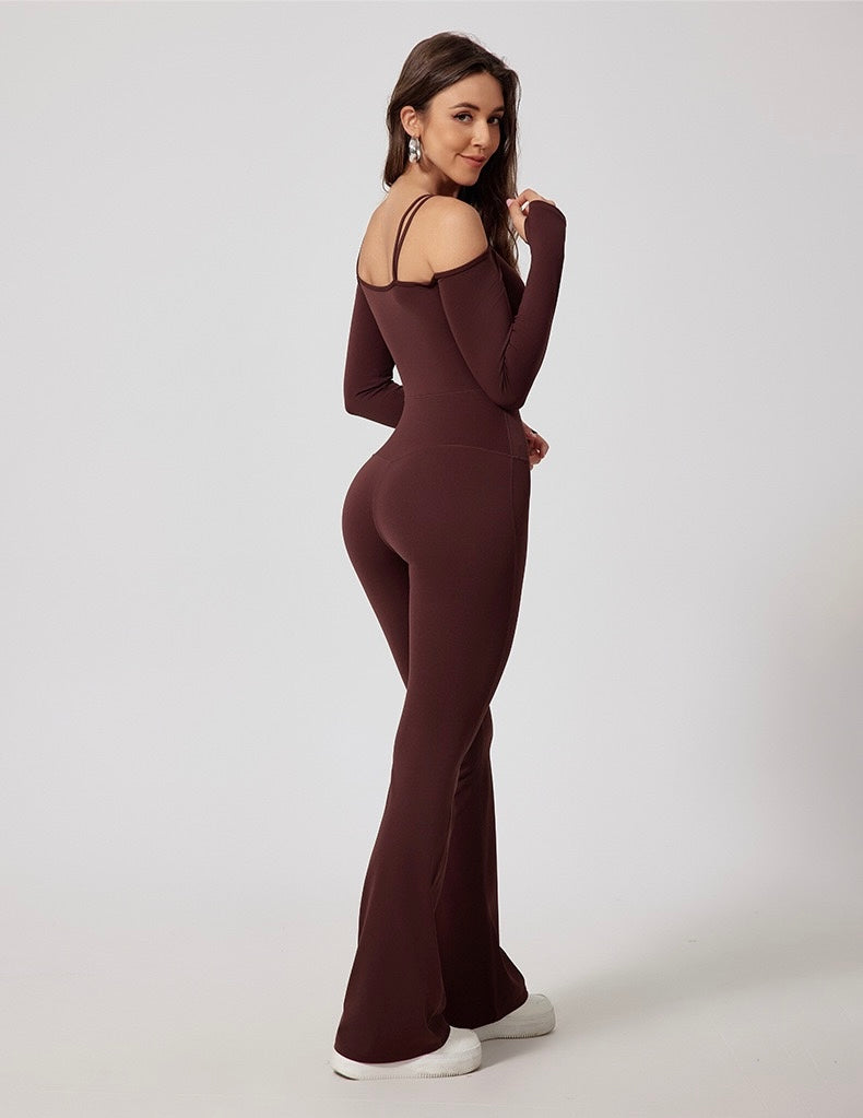 High Stretch Off Shoulder Sports Jumpsuit With Thumb Holes