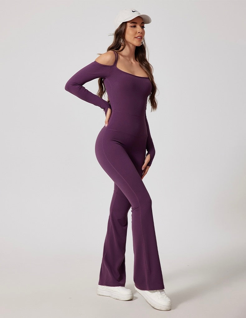 High Stretch Off Shoulder Sports Jumpsuit With Thumb Holes