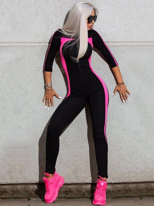 NEW sports contrast color zipper long sleeve tight jumpsuit one-piece sports