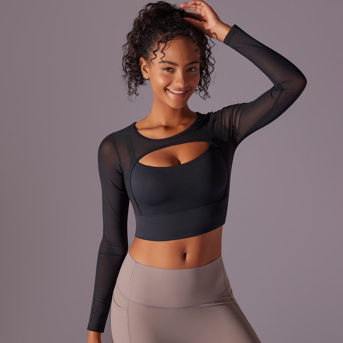 Black Asymmetrical Contrast Mesh Cut Out Crop Top