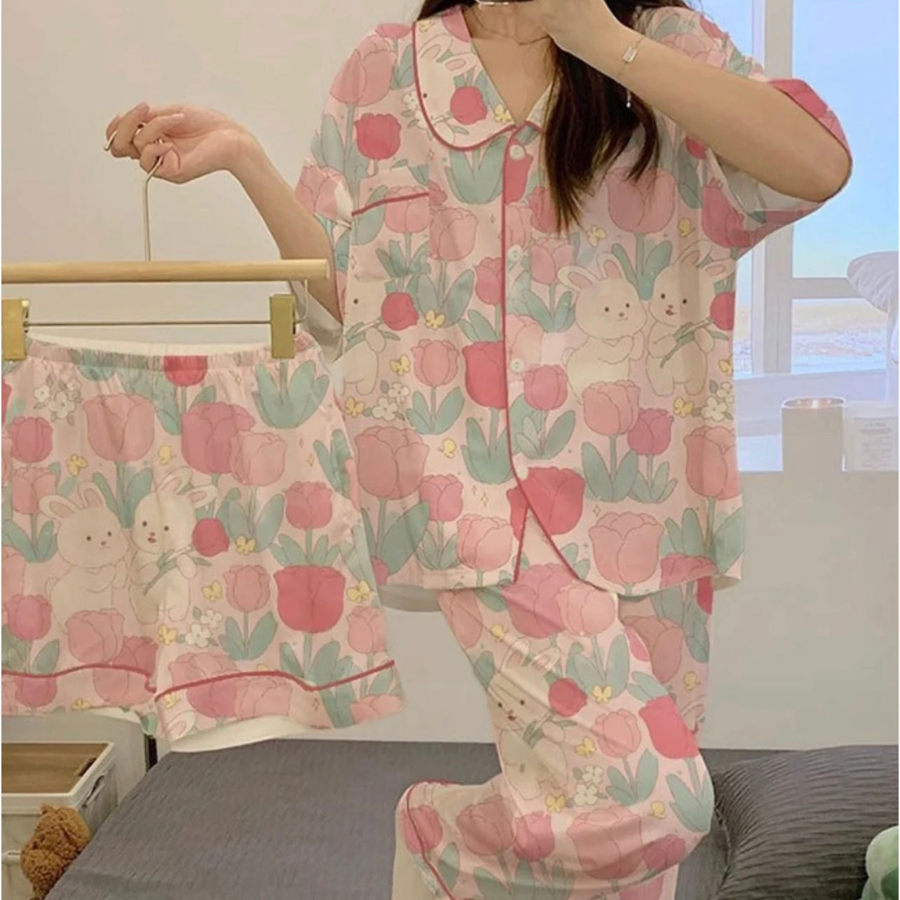 3pcs Top & Print Pants & shirt PJ Set  Pajama Set