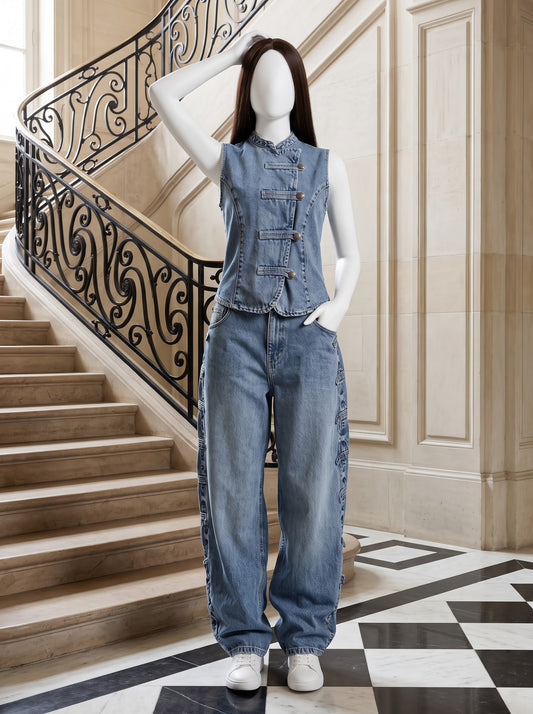 Asymmetric Button Denim Set