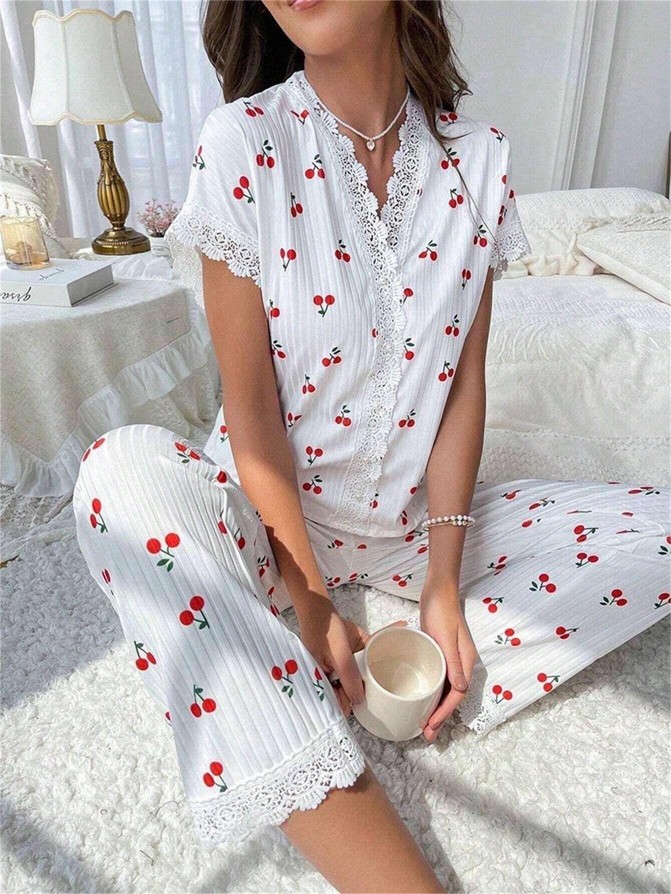 Cherry Lace Pajama Set – Soft, Stylish & Wearable Anywhere