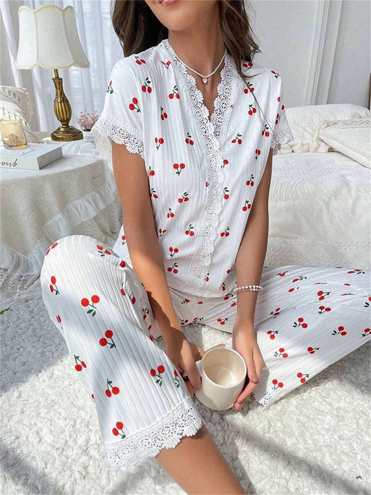 Cherry Lace Pajama Set – Soft, Stylish & Wearable Anywhere