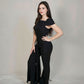 Off-shoulder ribbed knit jumpsuit.