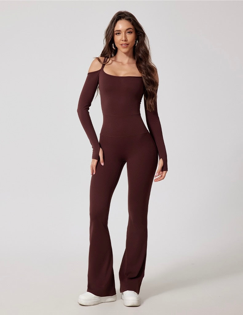 High Stretch Off Shoulder Sports Jumpsuit With Thumb Holes