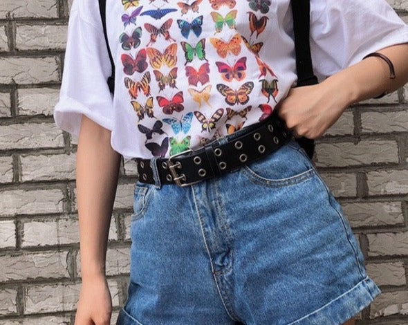 Double-row hole belt ins belt female style hip-hop hollow fashion punk belt decoration.