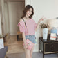 Strapless T-shirt women's short-sleeved 2023 summer new trendy students half-sleeved bottoming shirt striped all-match small shirt top clothes