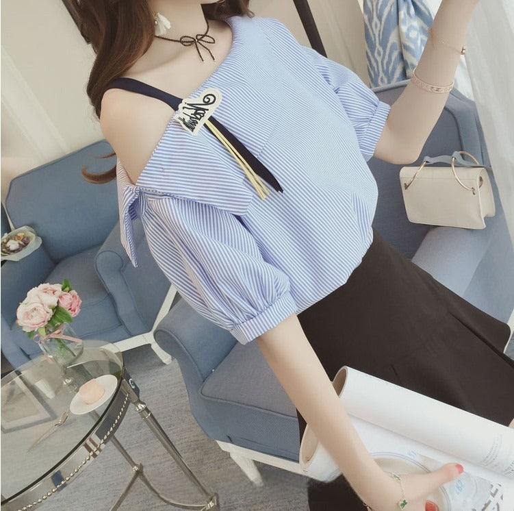 Strapless T-shirt women's short-sleeved 2023 summer new trendy students half-sleeved bottoming shirt striped all-match small shirt top clothes