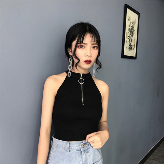 Chic Retro Zipper Slim Fit High Neck Short Tank Top