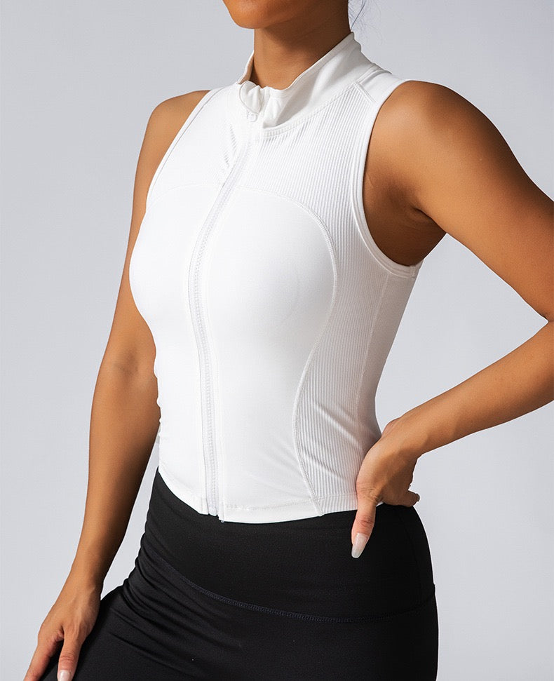 White Solid Zip Up Fitted Sport Tank Top