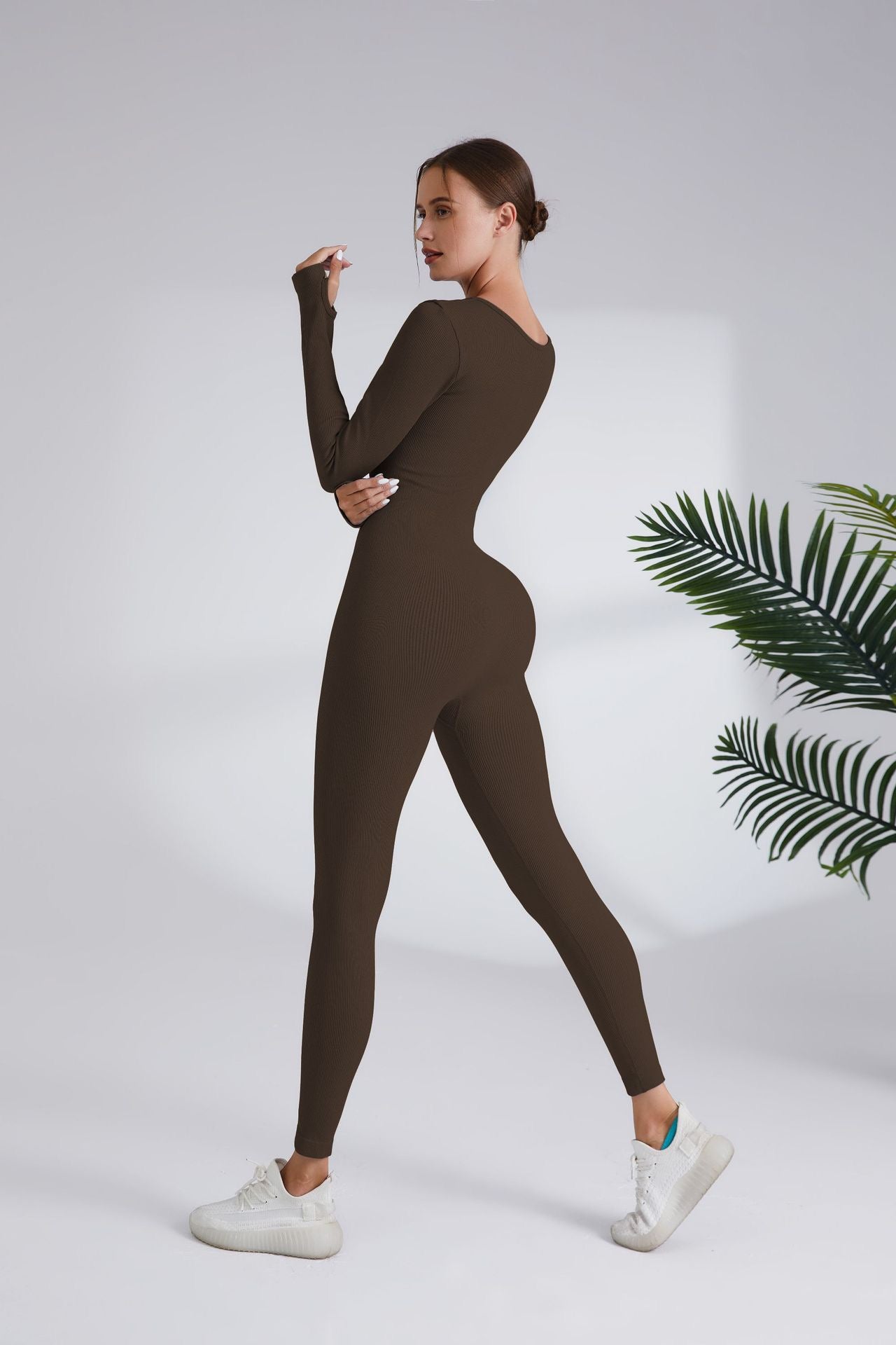 Seamless Knit Long Sleeve Jumpsuit, Tight Fit Stretchy