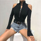 Elegant Women Hollow-Out Half Zip Placket Long Sleeve Knit Top