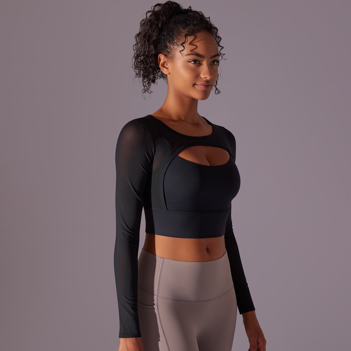 Black Asymmetrical Contrast Mesh Cut Out Crop Top