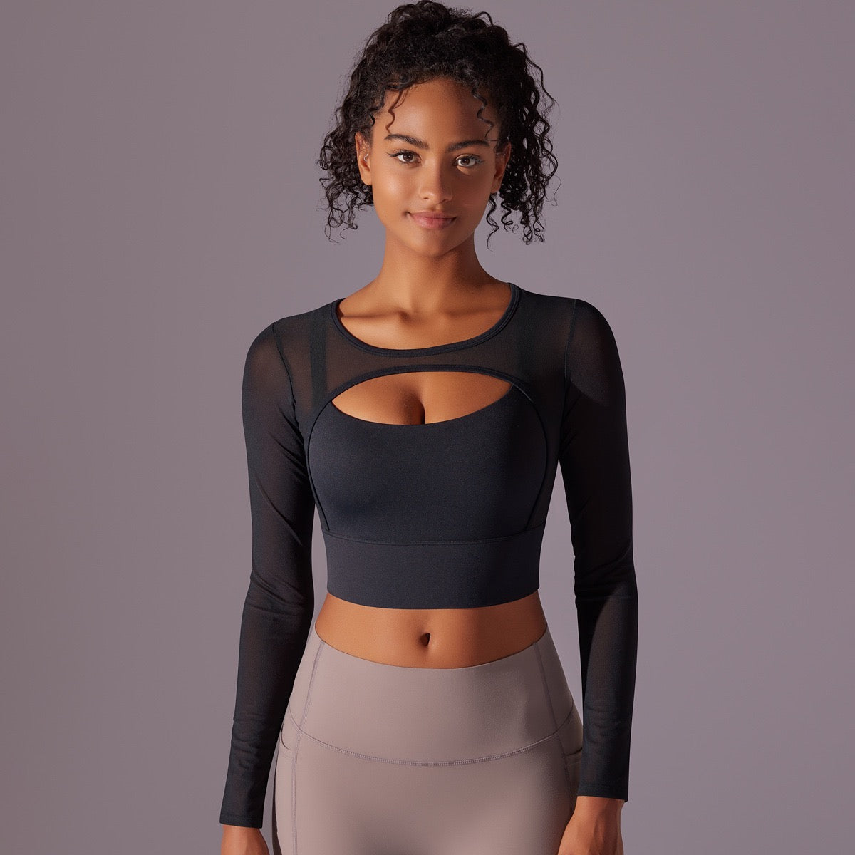 Black Asymmetrical Contrast Mesh Cut Out Crop Top