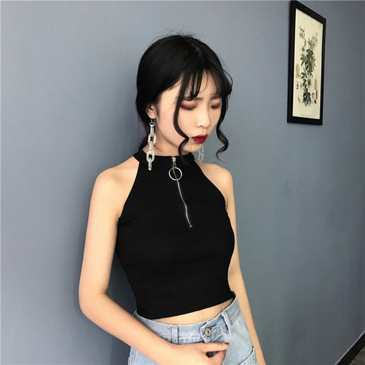 Chic Retro Zipper Slim Fit High Neck Short Tank Top