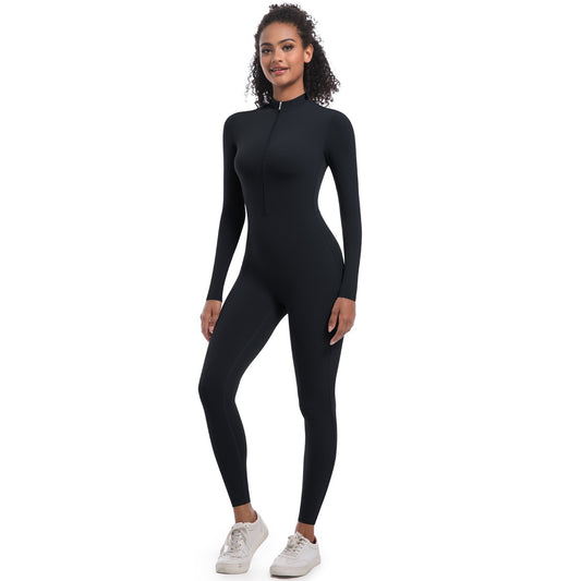 High-neck jumpsuit with a zipper.