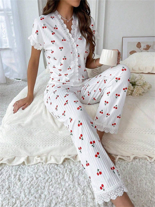 Cherry Lace Pajama Set – Soft, Stylish & Wearable Anywhere