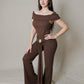 Off-shoulder ribbed knit jumpsuit.