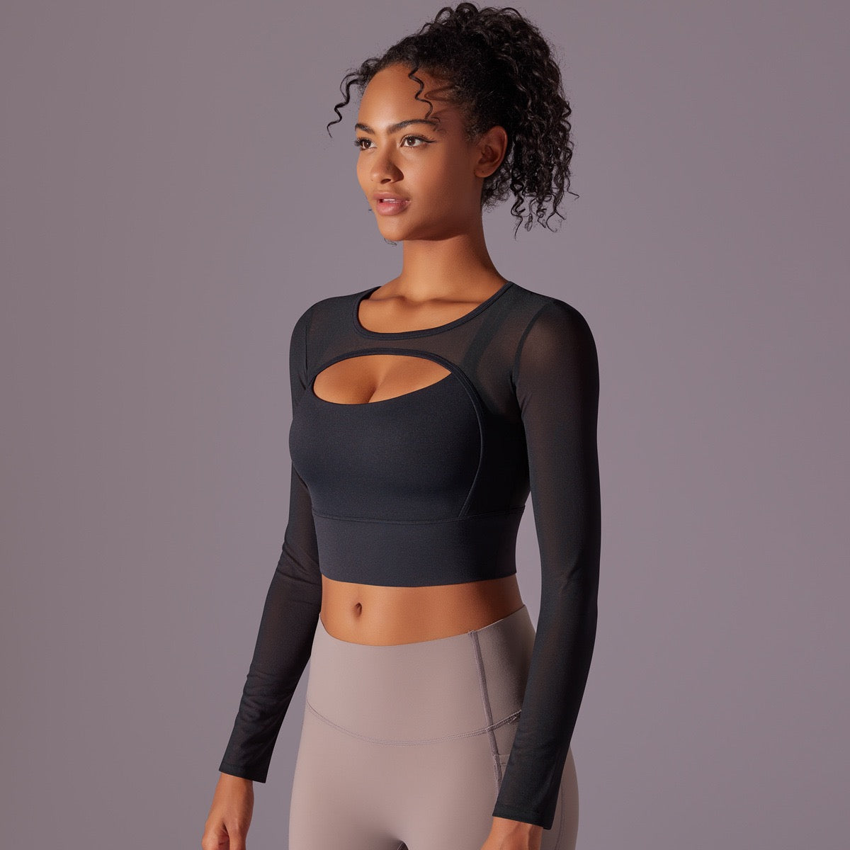 Black Asymmetrical Contrast Mesh Cut Out Crop Top