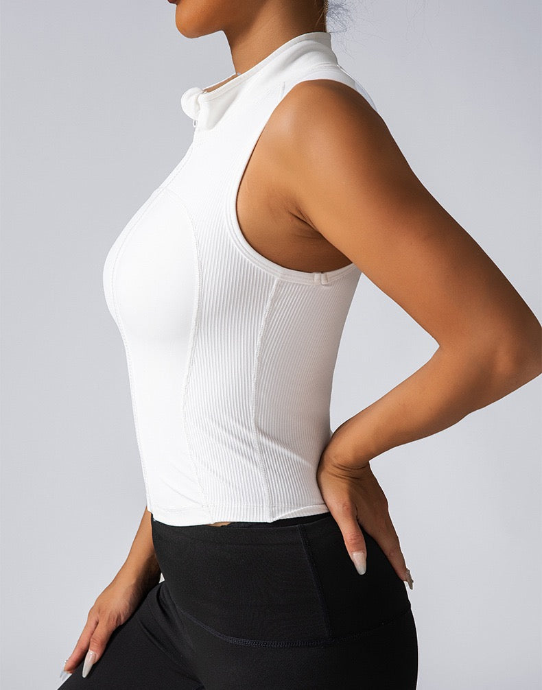 White Solid Zip Up Fitted Sport Tank Top