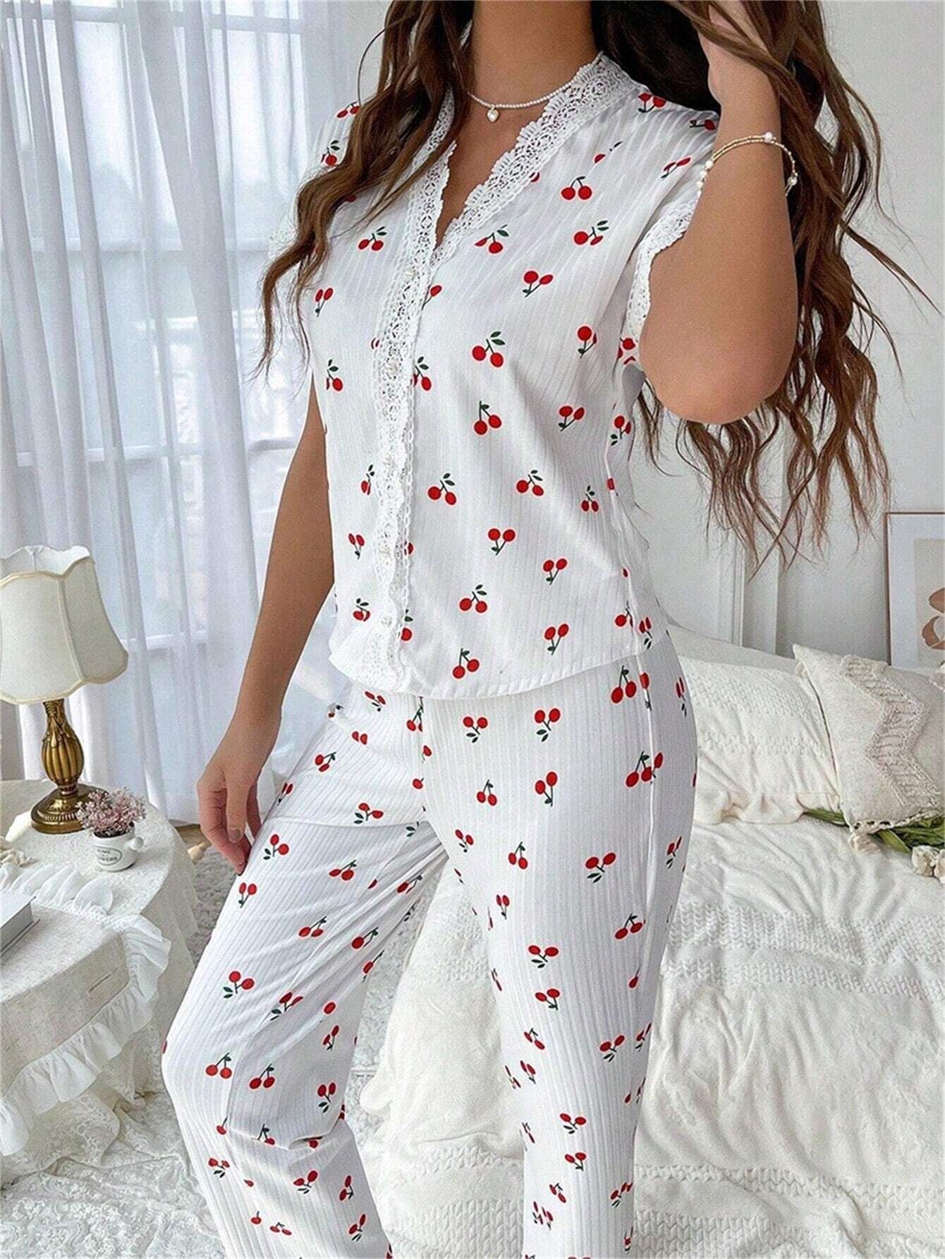 Cherry Lace Pajama Set – Soft, Stylish & Wearable Anywhere
