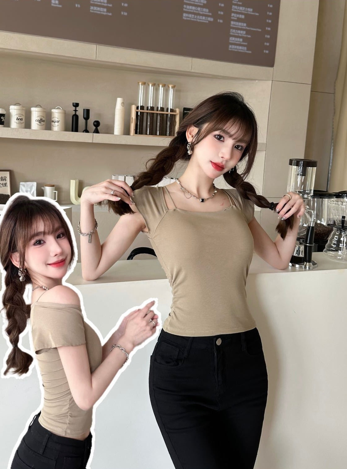 Casual Open Shoulder Short Sleeve Tunic Blouse For Women