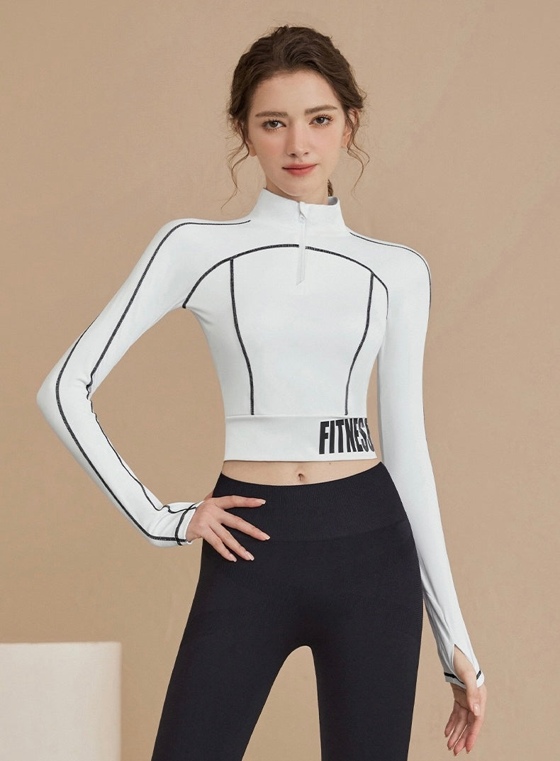 Zip Front Color Block Long Sleeve Top And Leggings Sports Suit