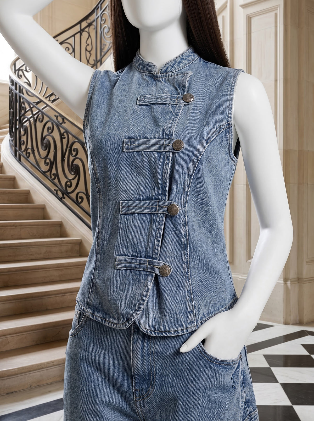 Asymmetric Button Denim Set