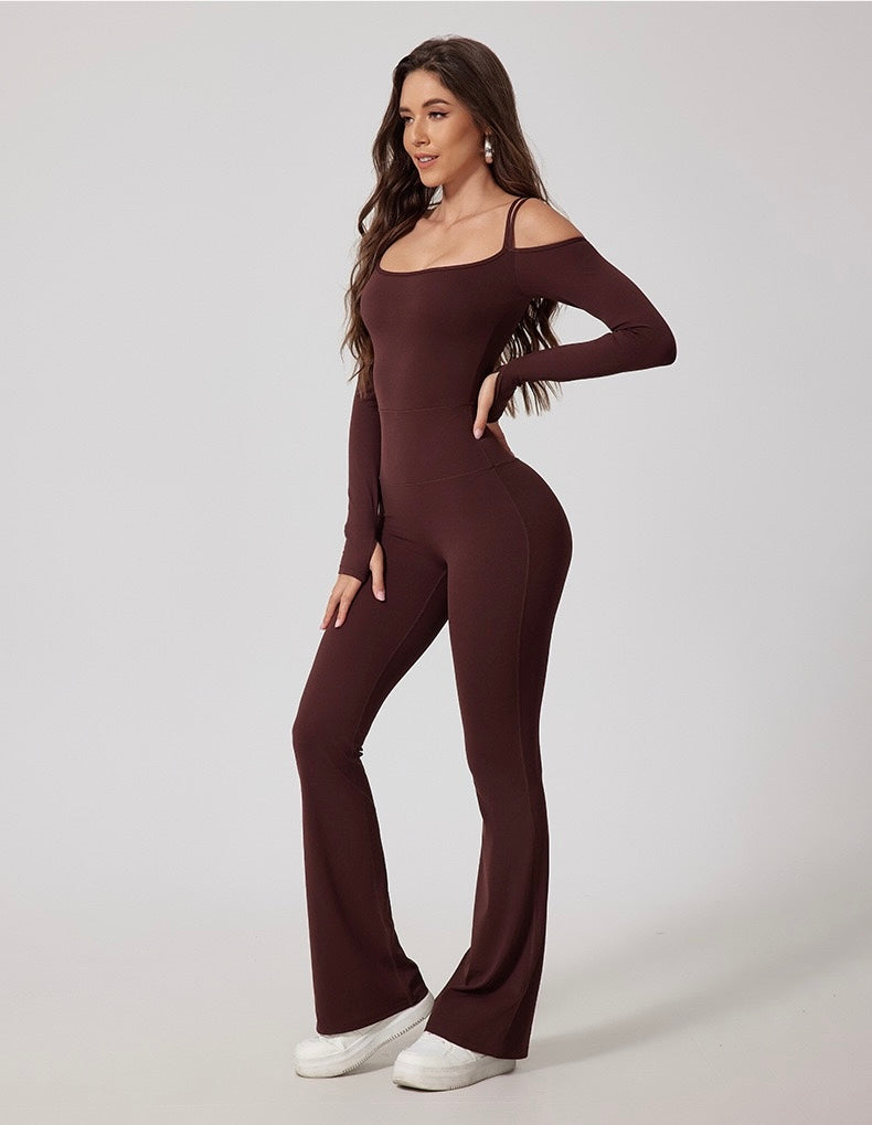 High Stretch Off Shoulder Sports Jumpsuit With Thumb Holes