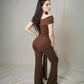 Off-shoulder ribbed knit jumpsuit.