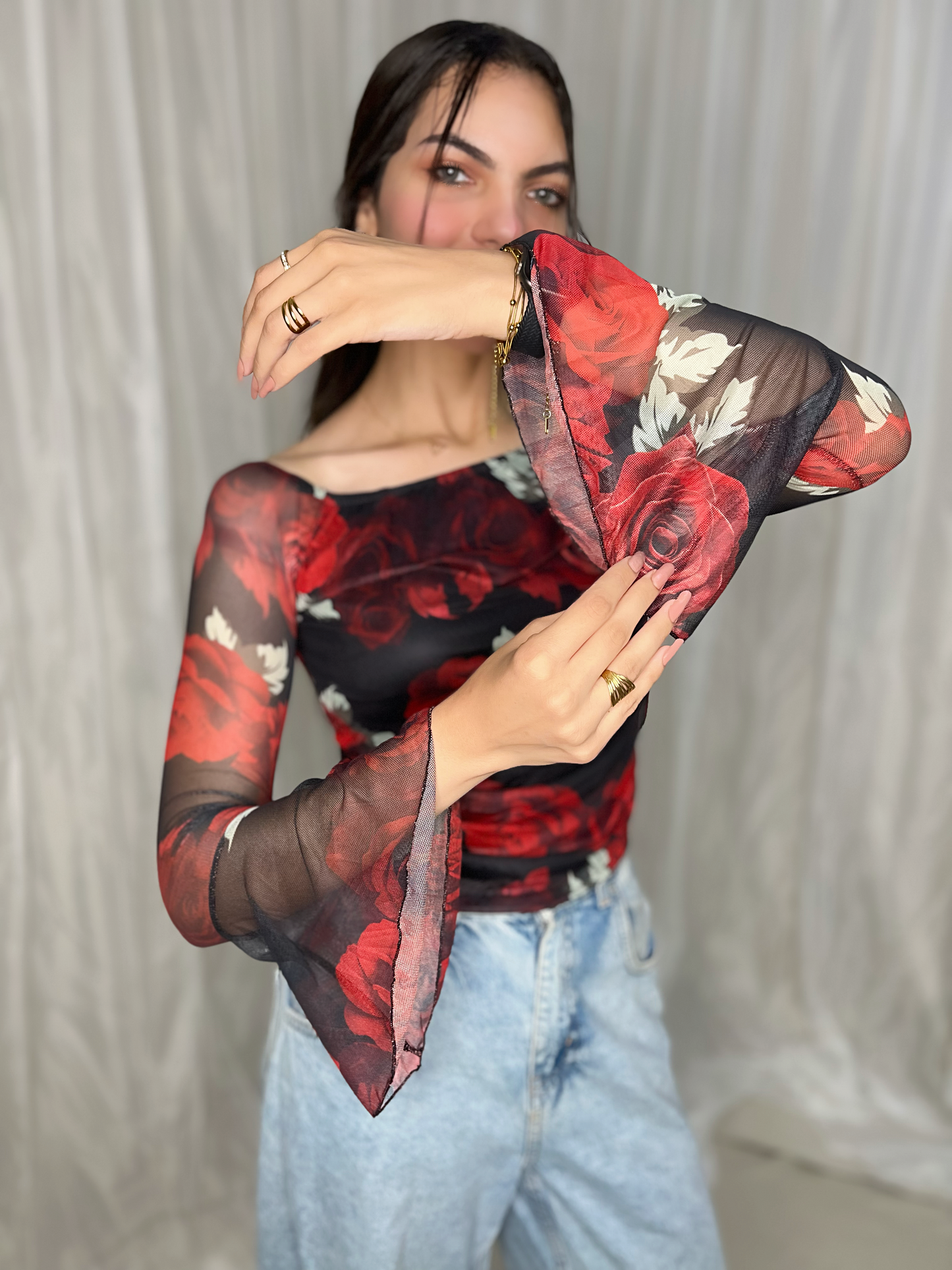 Elegant Mesh Long Sleeves Top.