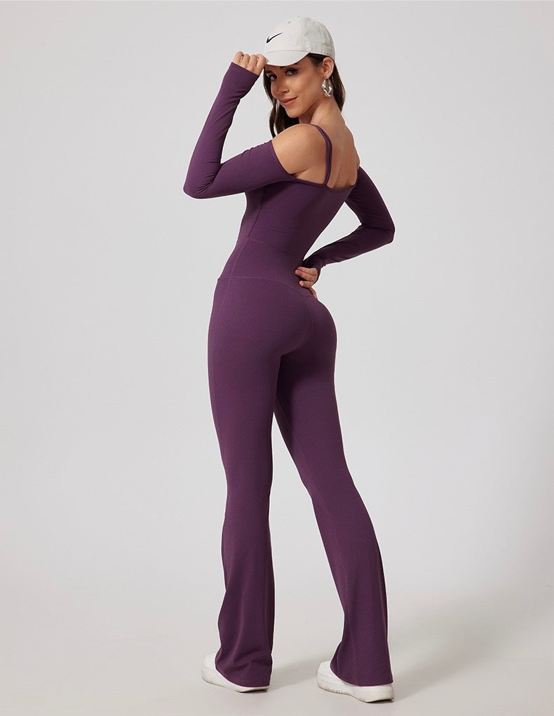 High Stretch Off Shoulder Sports Jumpsuit With Thumb Holes