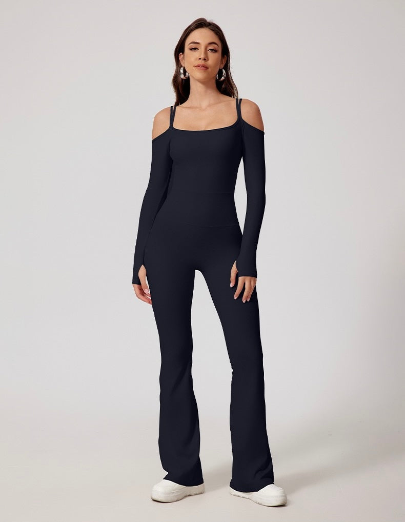 High Stretch Off Shoulder Sports Jumpsuit With Thumb Holes