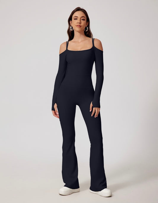 High Stretch Off Shoulder Sports Jumpsuit With Thumb Holes