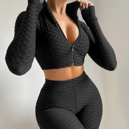 Casual Solid Color Two-Piece Pineapple-Texture Sportswear Set