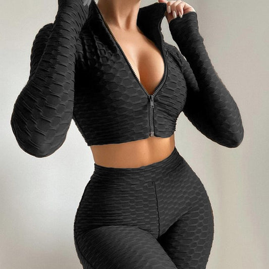 Casual Solid Color Two-Piece Pineapple-Texture Sportswear Set