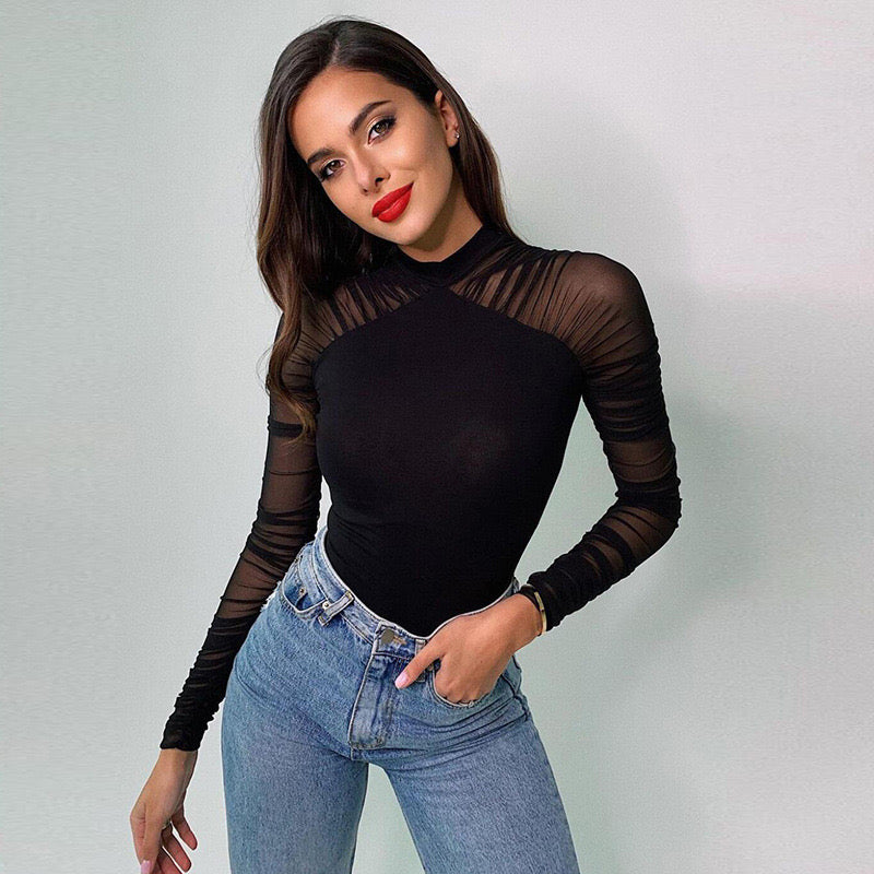 Mock Neck Geo Mesh Yoke Bodysuit