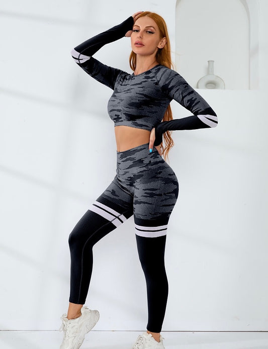 2pcs Seamless Camo Print Fitness Yoga Gym Suit