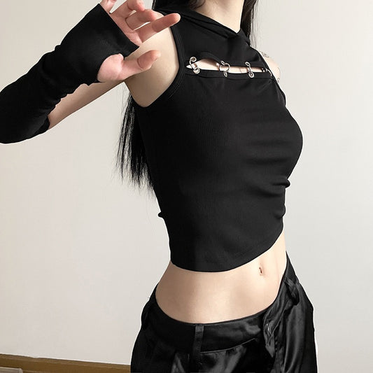 Black Crew Neck with Sleeve Cropped Top