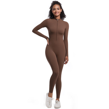 High-neck jumpsuit with a zipper.