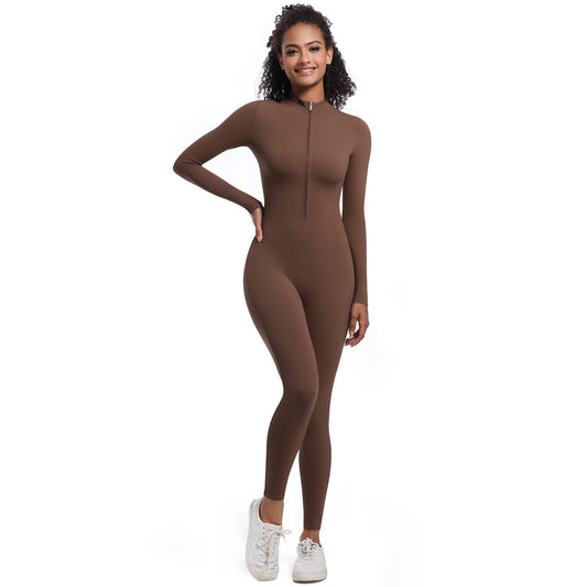 High-neck jumpsuit with a zipper.